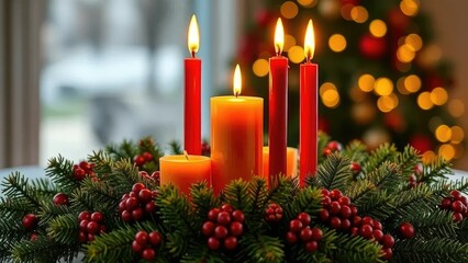 A golden candle centerpiece with red candles and evergreen branches, holiday, centerpiece