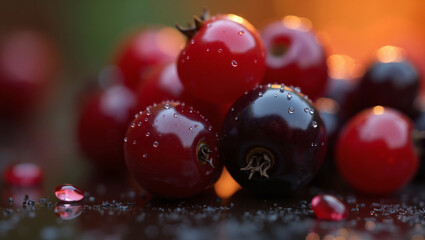 Juicy red and black currants with droplets on a dark surface
