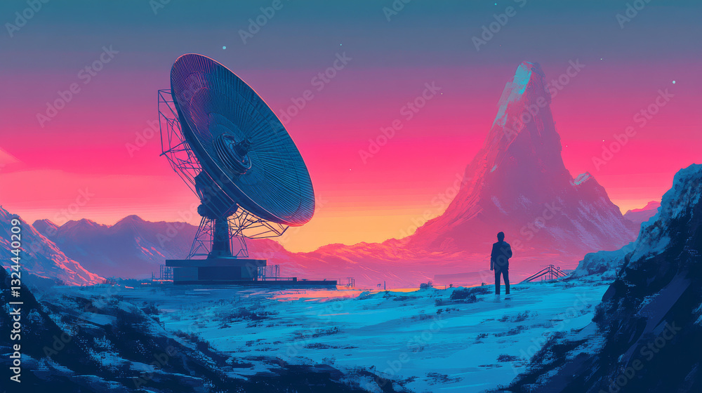 Poster a large satellite dish transmits and receives a signal from space. equipment for satellite tv and ra