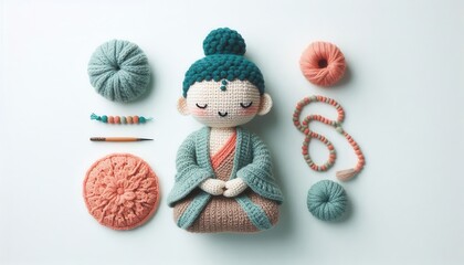 Crafting a cozy crochet buddha doll home studio diy art creative space overhead view