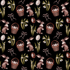 Watercolor bunny, easter eggs, bow, flowers. Spring watercolor seamless pattern. Happy Easter. For easter cards, for fabric, scrapbooking, banner, postcard, wrapping paper