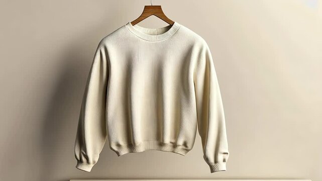 Hanging sweater display on wooden hanger � minimalistic apparel mockup with soft light