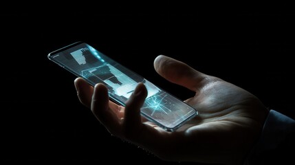 business, statistics, people and future technology concept - close up of businessman hand with charts on transparent smartphone screen and virtual projections over black background