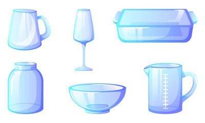 Empty glassware, measuring cup, glassware, goblet, jar, salad bowl, baking dish, beer mug. Kitchen utensils, cooking utensils, for serving. Vector illustration on white background.