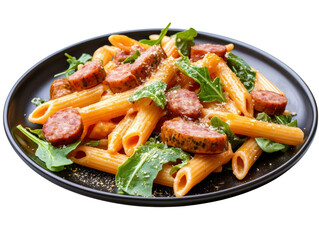 Delicious plate of pasta featuring savory sausage and fresh greens perfectly arranged for a culinary delight isolated on a white background.