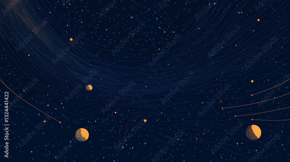Poster abstract image of a bitcoin logo in the form of a starry sky or space, consisting of points, lines, 