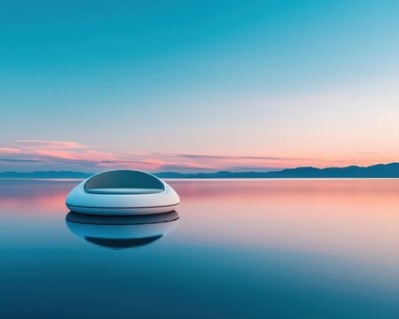 A serene floating spa pod in a minimalist design, gently drifting on a quiet lake at sunset