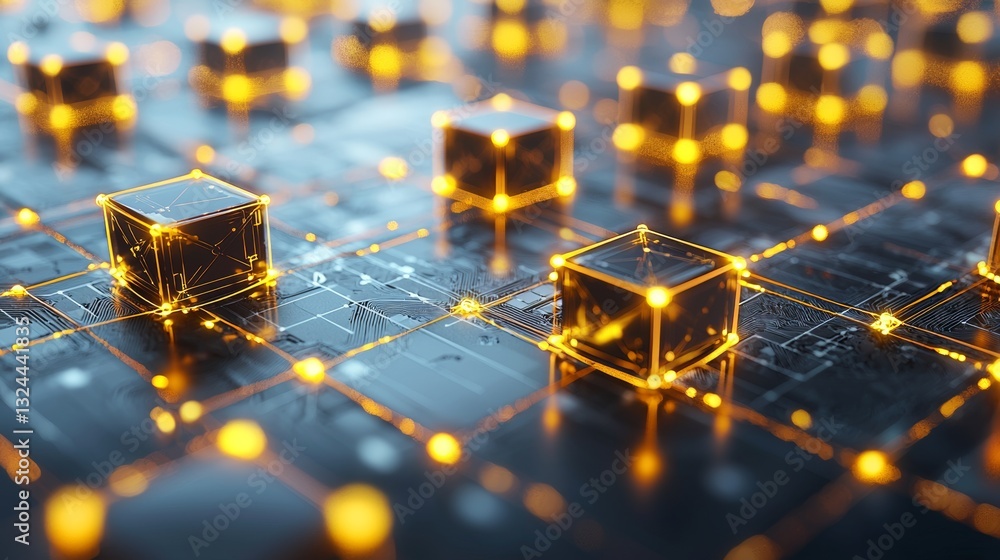 Poster futuristic blockchain network visualization with glowing interconnected nodes on a dark surface. the