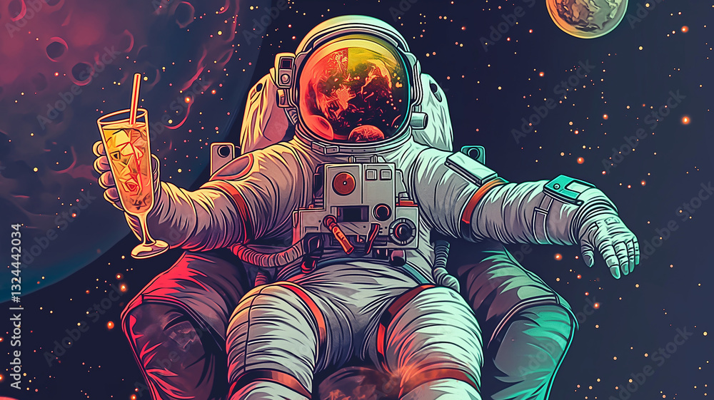 Poster this astronaut lounges with a cocktail in a space hotel, enjoying the view of distant planets.