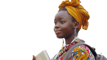 Smiling young african student walking with book and backpack on transparent background