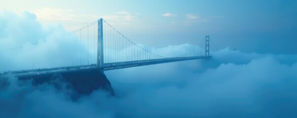 Fototapeta premium Bridge suspended in blue mist with wispy clouds overhead, mist, atmosphere, clouds