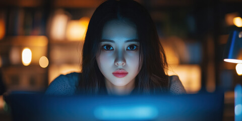 Focused young woman working late night on computer home office digital content creation cozy environment close-up view