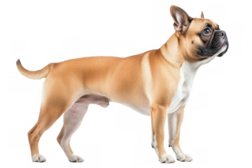 A charming French Bulldog stands in profile, showcasing its expressive eyes and glossy coat. Isolated with a transparent background.