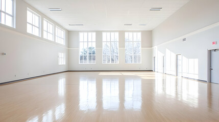 Fototapeta premium Empty Interior Room With White Walls Large Windows Wooden Floors And Sunlight Reflecting Surfaces