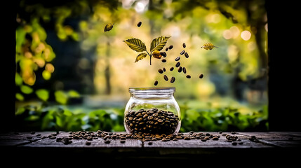 Coffee beans and leaves floating above a glass jar