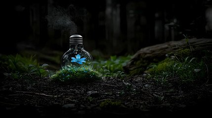 Fototapeta premium A blue flower blooms inside a glass light bulb beautifully