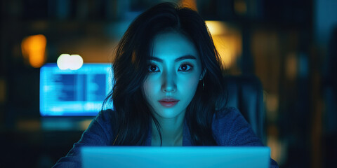 Late night coding session home office digital portrait dark environment close-up view tech-savvy concept