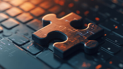 Puzzle piece on laptop screen isolated from low poly wireframe on white background. Business and technology. Vector abstract polygonal image mash line and point. Black digital vector image.