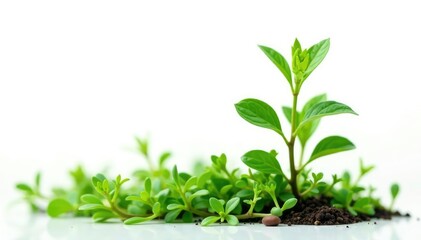 Fototapeta premium Small isolated herb in garden on white background, flora, solitary, greenery