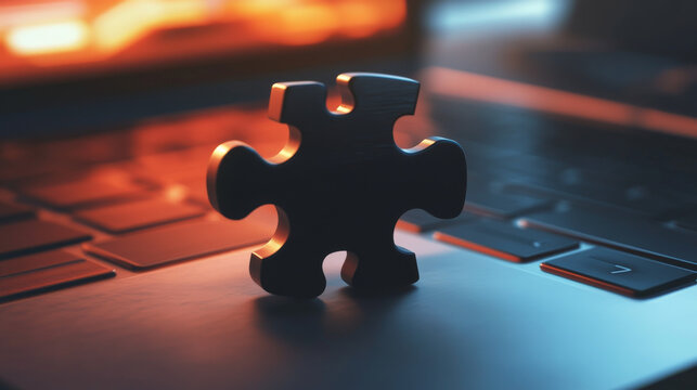 Puzzle piece on laptop screen isolated from low poly wireframe on white background. Business and technology. Vector abstract polygonal image mash line and point. Black digital vector image.