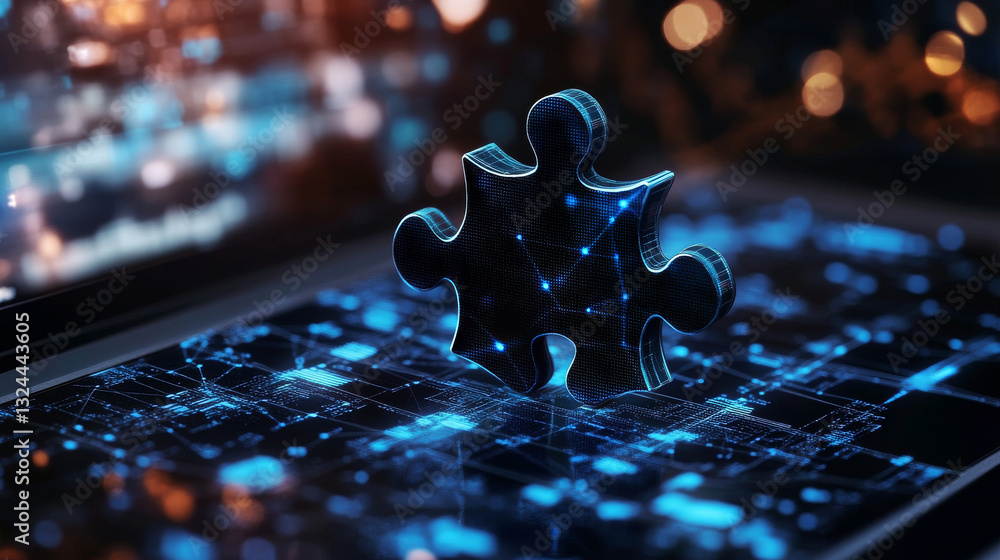 Poster puzzle piece on laptop screen isolated from low poly wireframe on white background. business and tec