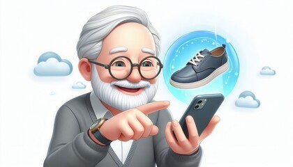 Senior man shopping for shoes online cozy home digital illustration cheerful atmosphere