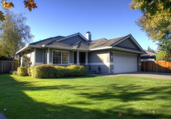 Charming suburban single-family home with manicured lawn and vibrant landscaping on a clear blue sky day in a peaceful neighborhood setting
