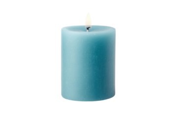 Blue pillar candle with a lit wick, cut out