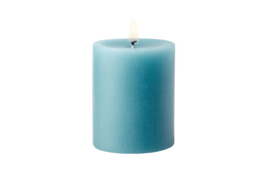 Blue pillar candle with a lit wick, cut out