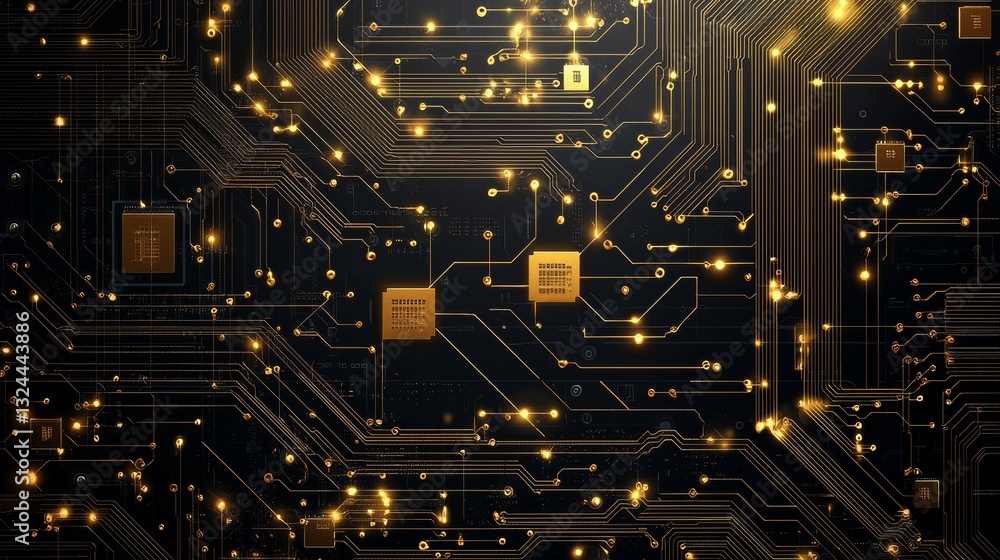 Poster abstract circuit board with glowing golden lines and microchips on a dark background. a futuristic t
