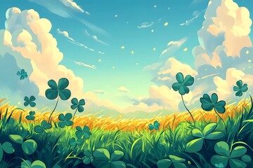 Fototapeta premium Four leaf clover and golden wheat field under the sunshine