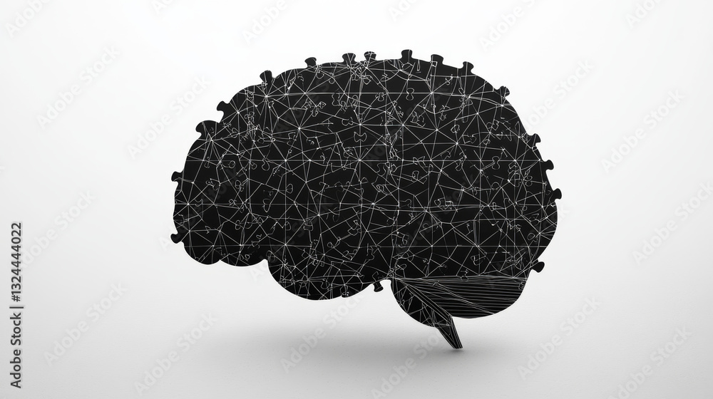 Poster Puzzle piece on brain isolated from low poly wireframe on white background. Business and technology. Vector abstract polygonal image mash line and point. Black digital vector image.