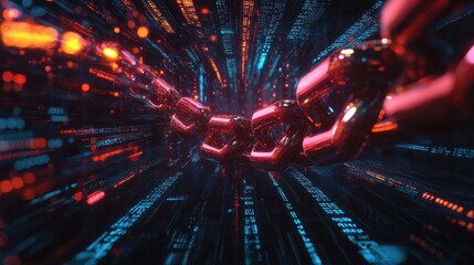 A conceptual image of a blockchain security chain with encoded links over a backdrop of streaming digital code.