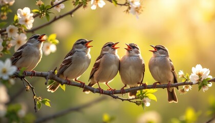 Obraz premium Flock of birds singing on branch of blooming tree in spring. Sunlight warms scene, creating mood of rebirth, growth. Several songbirds sit together on branch.