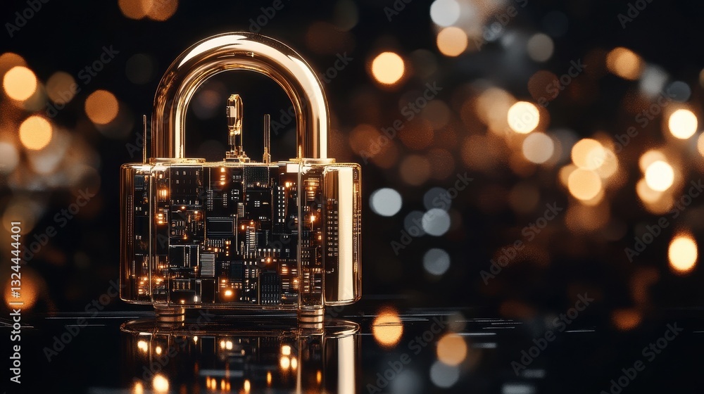 Poster futuristic golden padlock with electronic circuits close-up on reflective surface with copy space