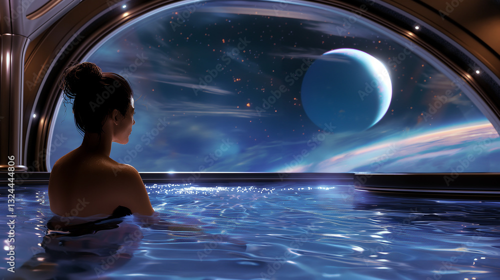 Poster this passenger relaxes in a pool, enjoying cosmic views at a space hotel.
