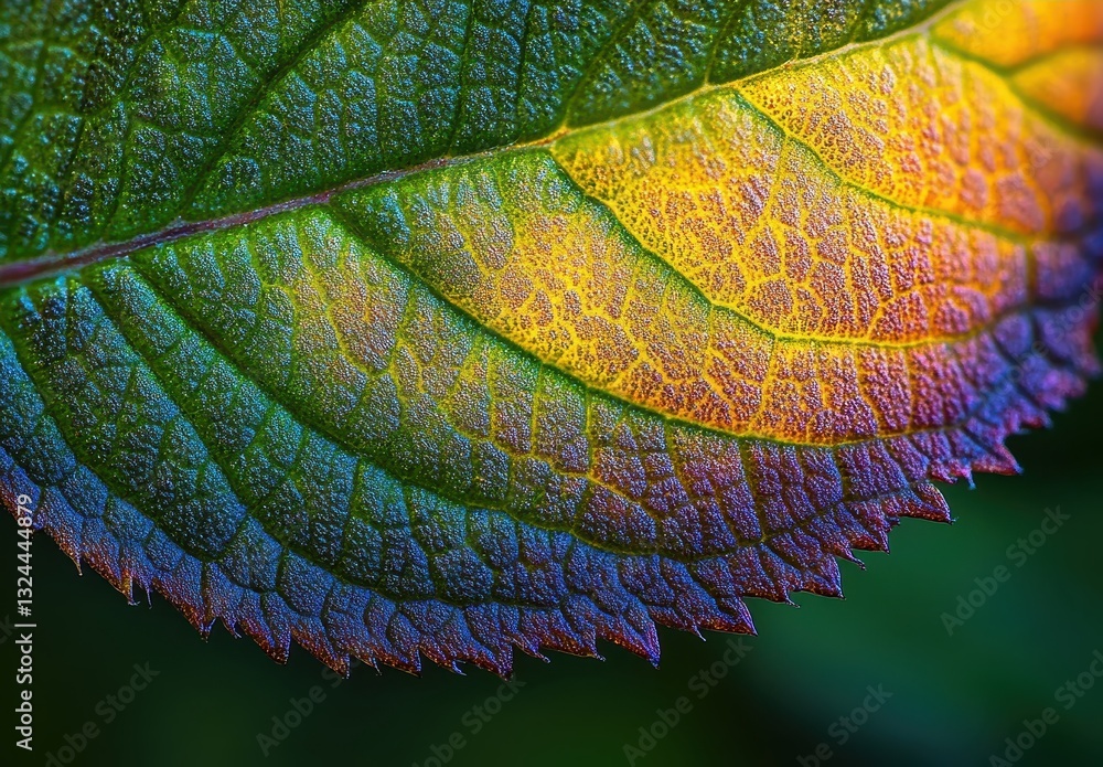 Poster close-up image of a colorful leaf showing intricate veins and textures with a rainbow hue, ideal for