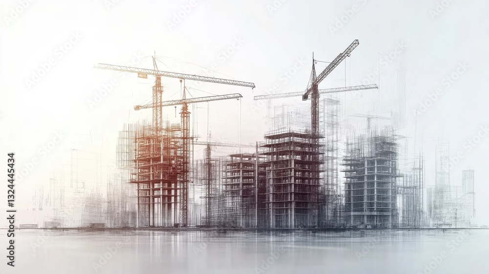 Poster creative digital construction drawing backdrop with buildings and cranes. engineering and design coc