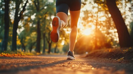 Fitness Woman Running at Dusk in Park Landscape