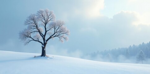Solitary tree against a snowy landscape, with bare branches exposed, isolation, forest