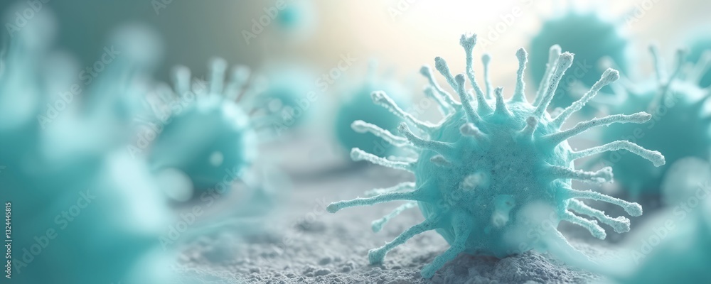 Poster Close-up of blue virus cells. Turquoise sphere like cellular structures with spiky surface. Microscopic view of molecules, bacteria coronavirus. Perfect image to demonstrate scientific medical