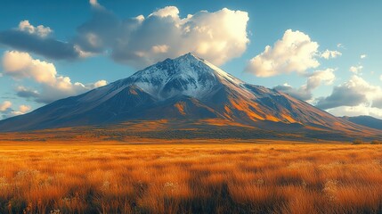 Fototapeta premium A majestic mountain peak rises from vast dry grassland, dramatic clouds hovering above, creating a breathtaking wilderness scene.