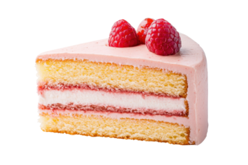 Pink raspberry cake slice with fresh berries, cut out