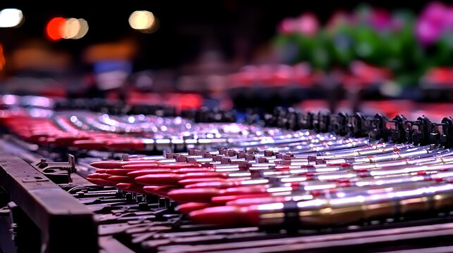 Several rows of shiny metal objects with red tops are shown