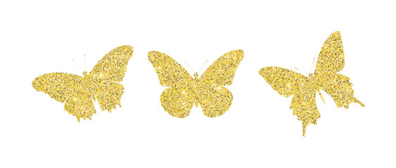 Set of vector glitter gold bright butterfly. Design elements for card. Beautiful glitter butterflies isolated on white background.