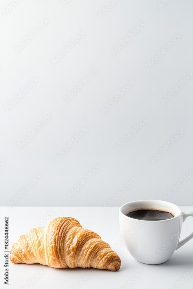 Poster minimalistic breakfast setup with single croissant and cup of coffee on white table surrounded by am