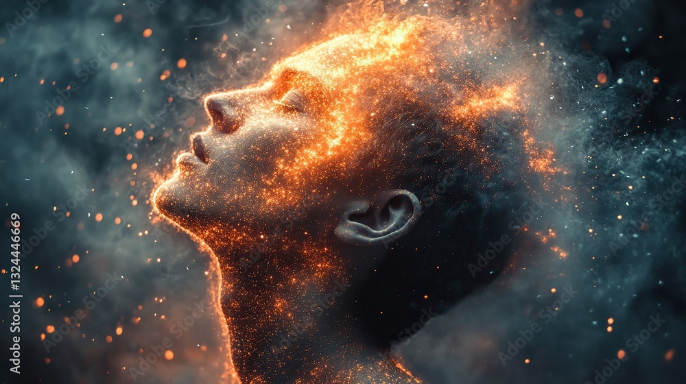 Wall mural a man's head explodes with particles, symbolizing mental overload, stress, and thought fragmentation