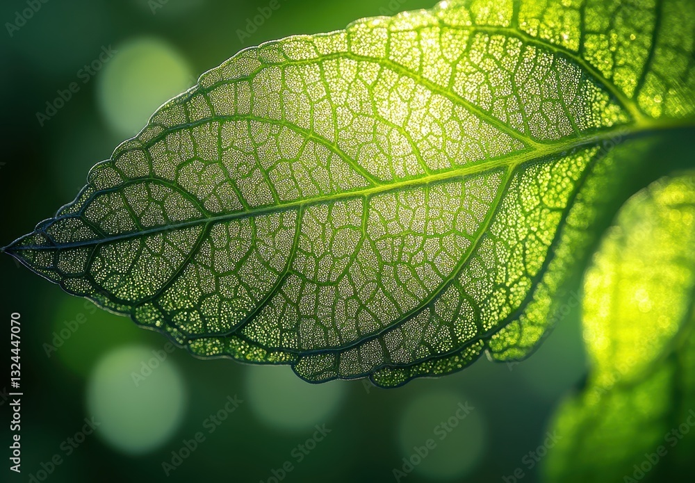 Poster close-up of a green leaf with intricate veins and soft light creating a beautiful background of natu