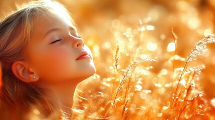 Fototapeta premium A girl is sitting in a field of tall grass. She is looking up at the sky