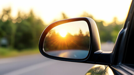 Golden Hour Sunset Reflected In Car Rearview Mirror During Road Trip Through Lush Green Countryside